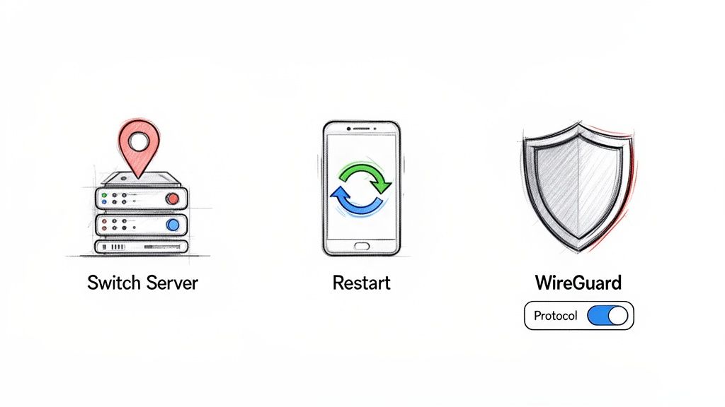 Icons representing switch server, restart, and WireGuard protocol settings, likely for VPN troubleshooting.