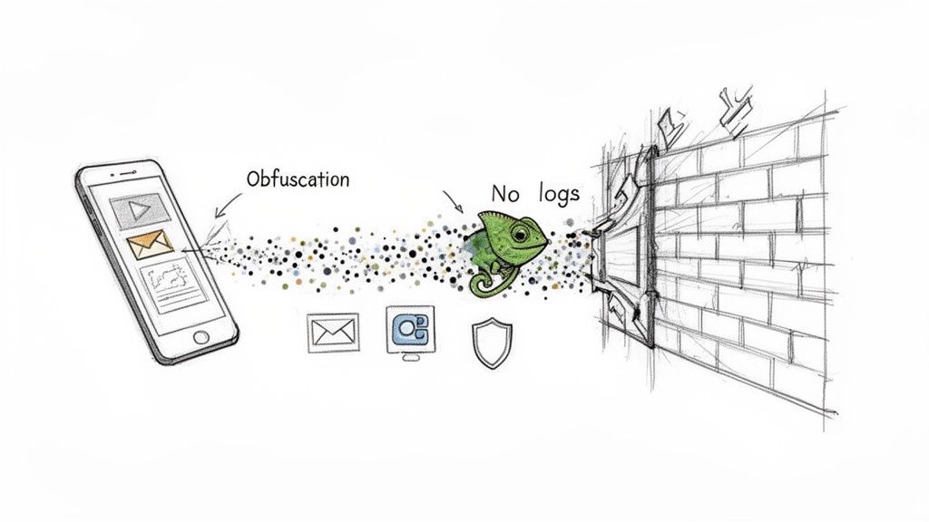 An illustration showing obfuscated smartphone data bypassing a firewall with no logs, featuring a chameleon.