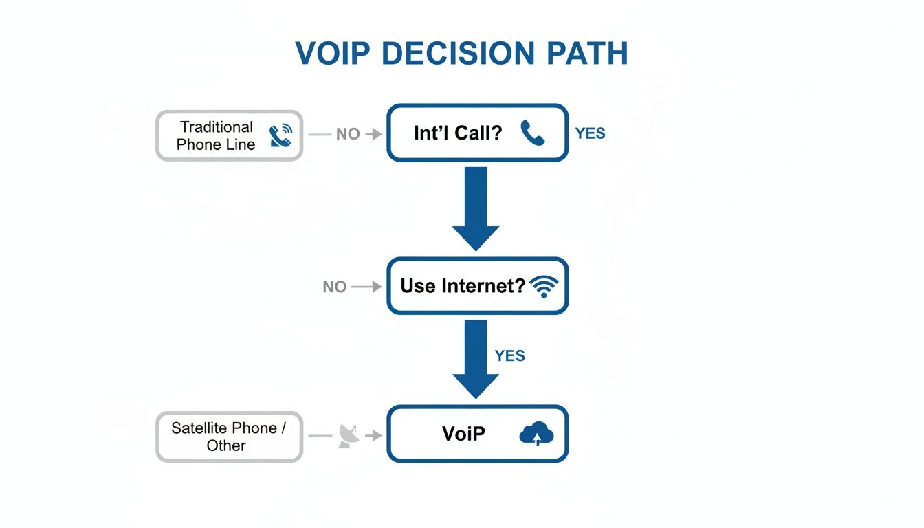 Flowchart illustrating the VoIP decision path for international calling, considering internet availability.