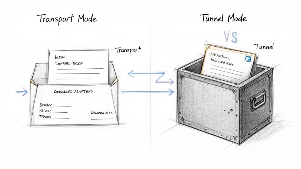 Diagram illustrating data encapsulation using Transport Mode and Tunnel Mode, showing envelopes and a secure box.