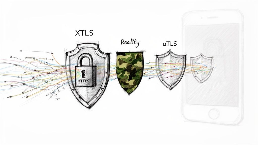 Illustration depicting data streams protected by XTLS, passing through 'Reality' to uTLS on a smartphone.