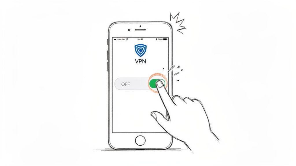 A hand taps a green VPN toggle switch on an iPhone screen, activating the service.