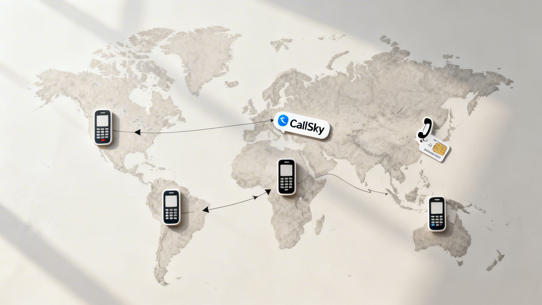 A world map displaying multiple mobile phones connected by lines, illustrating international calling with CallSky.