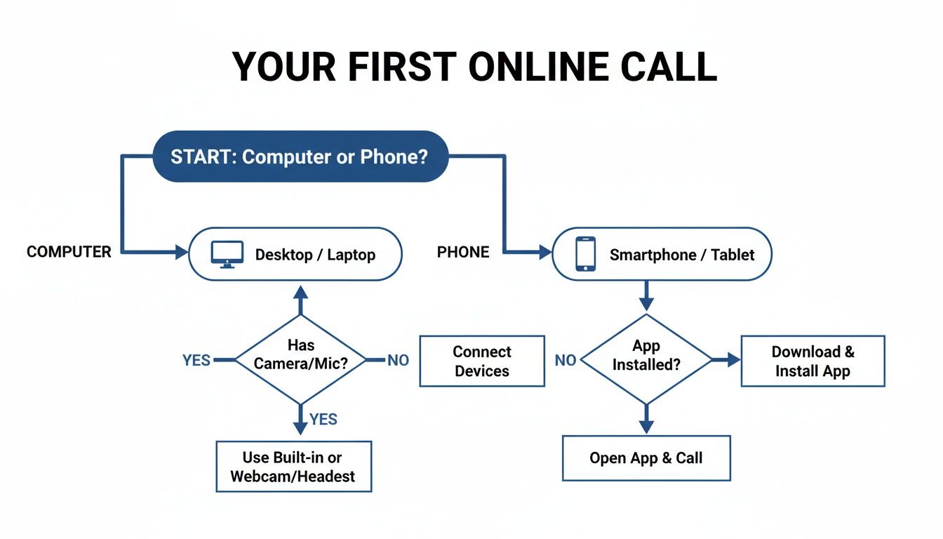 Ein Flussdiagramm, das Benutzer durch die Schritte für ihren ersten Online-Anruf führt, beginnend mit der Geräteauswahl.