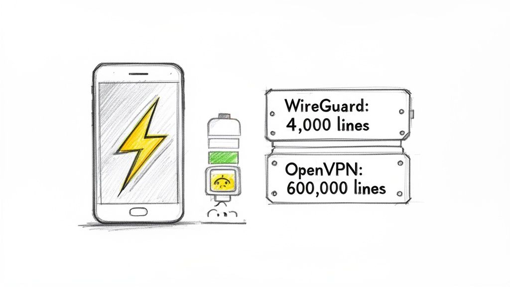 Image comparing WireGuard's 4,000 lines of code with OpenVPN's 600,000, affecting phone battery life.
