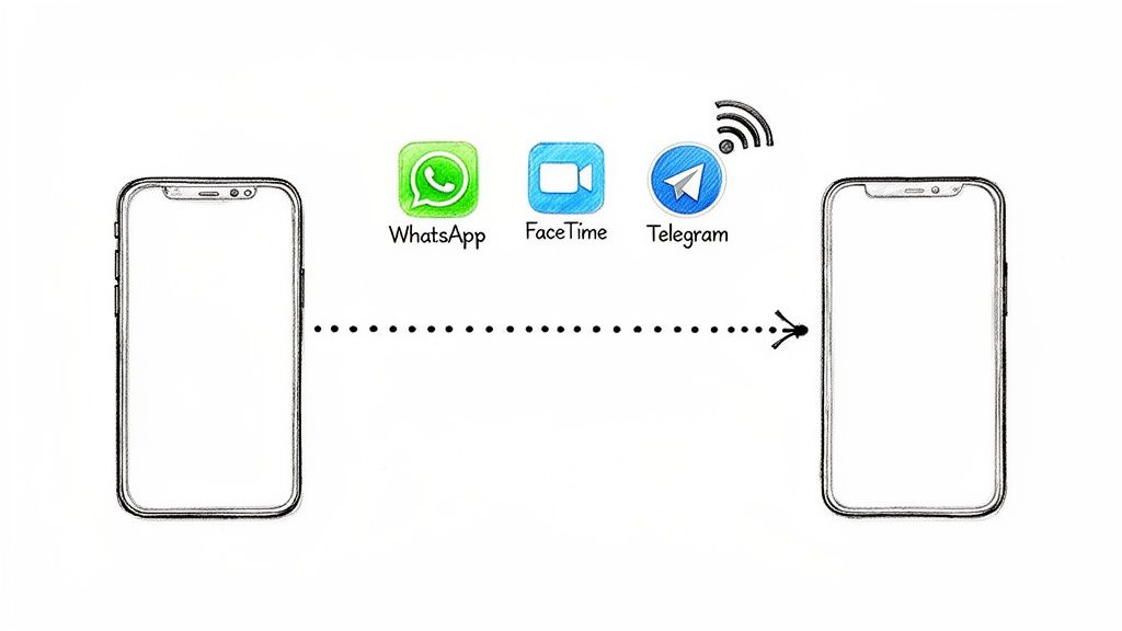 Diagramm, das zwei Smartphones zeigt, verbunden durch Kommunikations‑Apps wie WhatsApp, FaceTime und Telegram über WLAN.