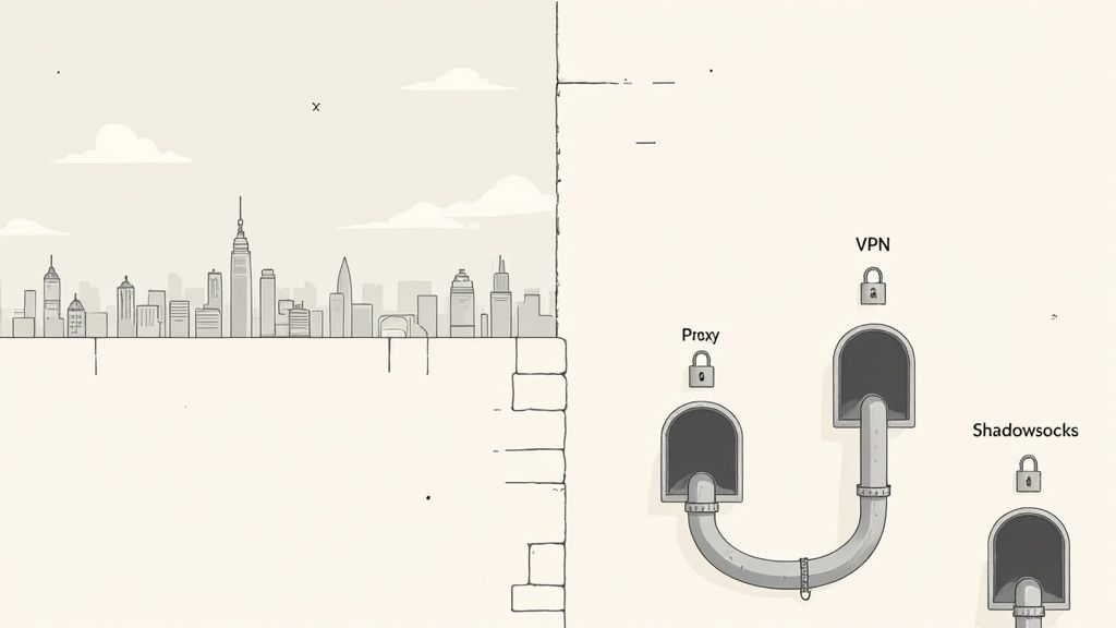 Illustration showing internet censorship methods including proxy, VPN, and Shadowsocks tunneling with city skyline background