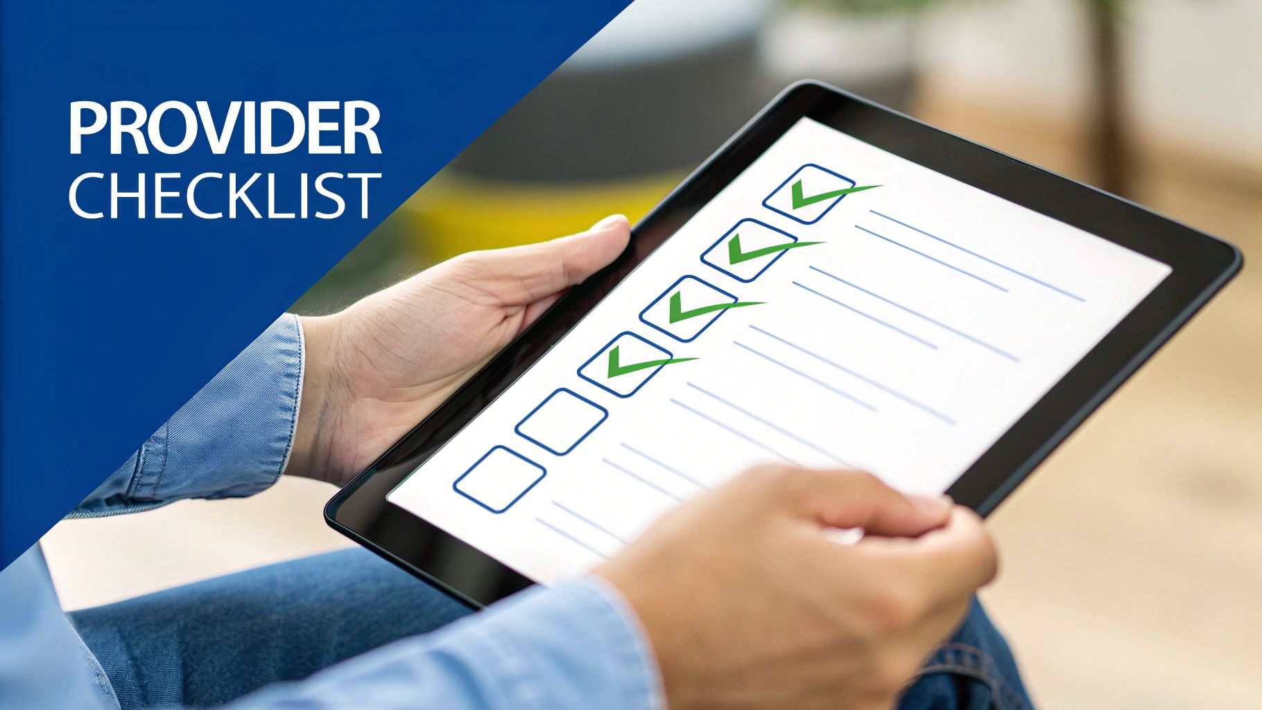 タブレットを持つ人の手元にデジタルのプロバイダチェックリストが表示され、いくつかの項目にチェックが入っている写真。