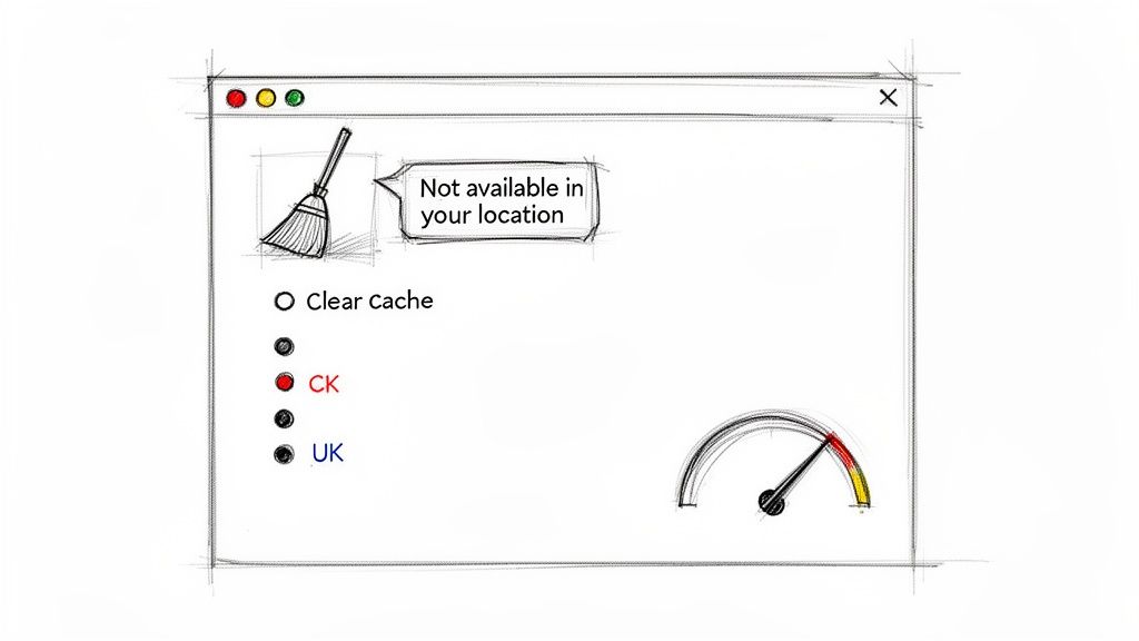 Hand-drawn browser sketch illustrating geo-blocking message, clear cache option, country selection, and a speed gauge.