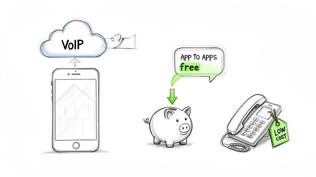 Diagram showing VoIP benefits: free app-to-app calls from a smartphone and low-cost landline calls.