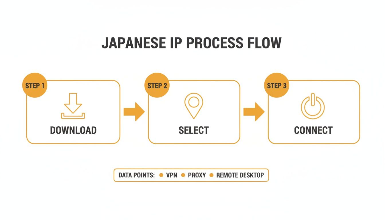 Diagram illustrating a 3-step process to get a Japanese IP, including Download, Select, and Connect.