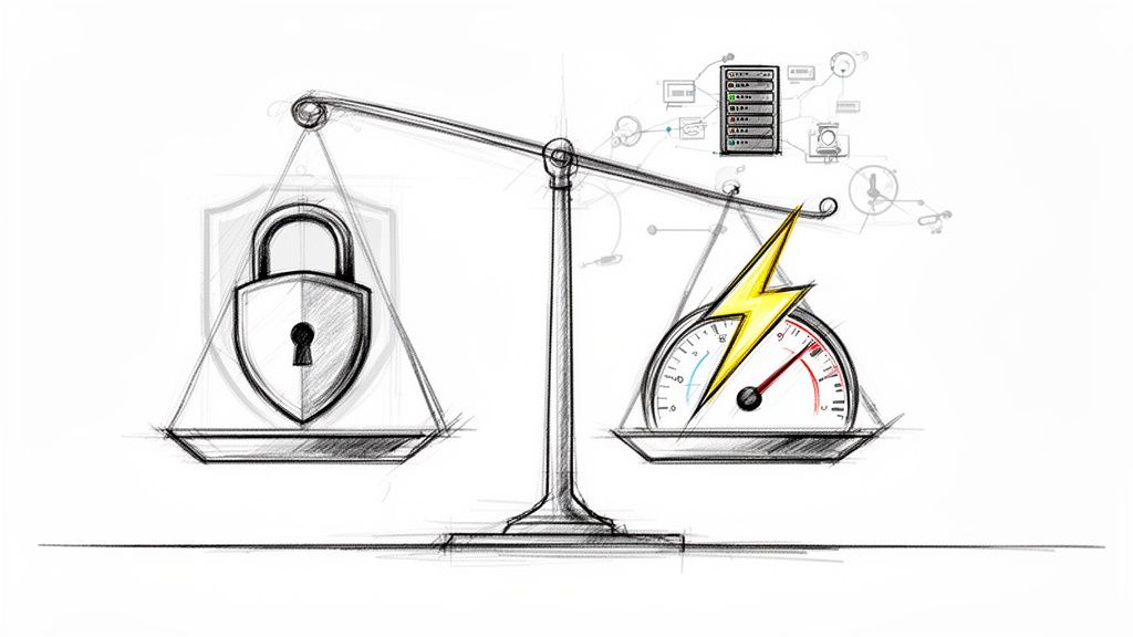 Hand-drawn balance scale depicting strong security (padlock) prioritized over speed (speedometer) in IT.