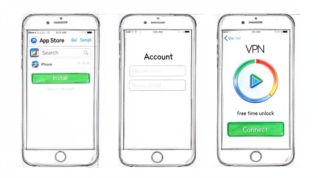 Three hand-drawn iPhone screens illustrating app store, account login, and a VPN application.