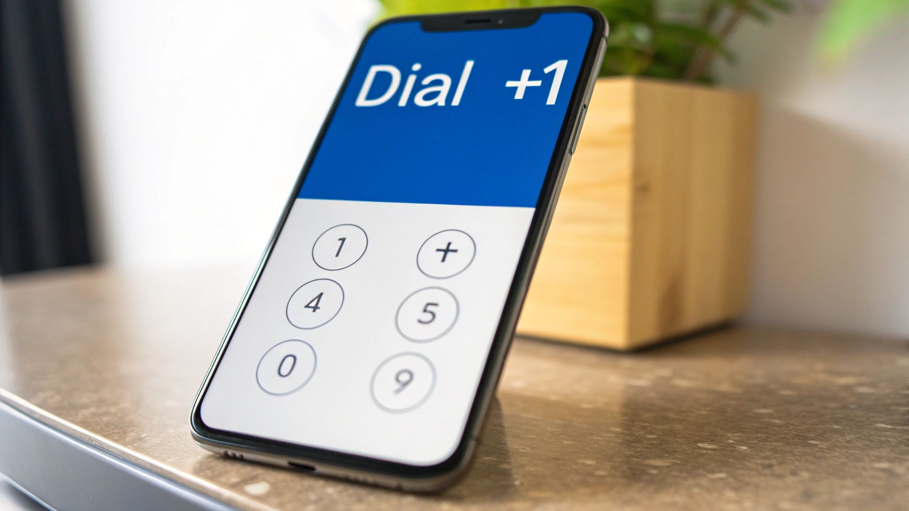 A smartphone screen showing a dial pad with 'Dial +1' at the top, ready to make a call.