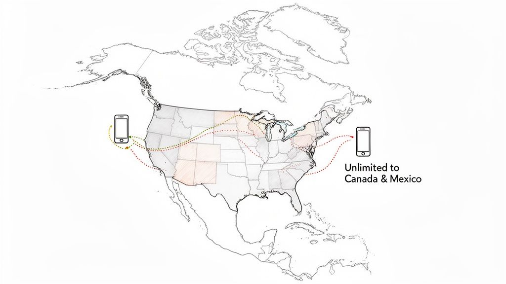 Map showing unlimited international calling from the aUS to Canada and Mexico.
