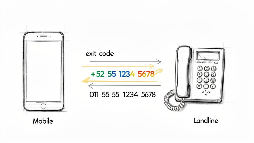 Illustration, die zeigt, wie man eine mexikanische Telefonnummer mit Mobil- und Festnetztelefon wählt.