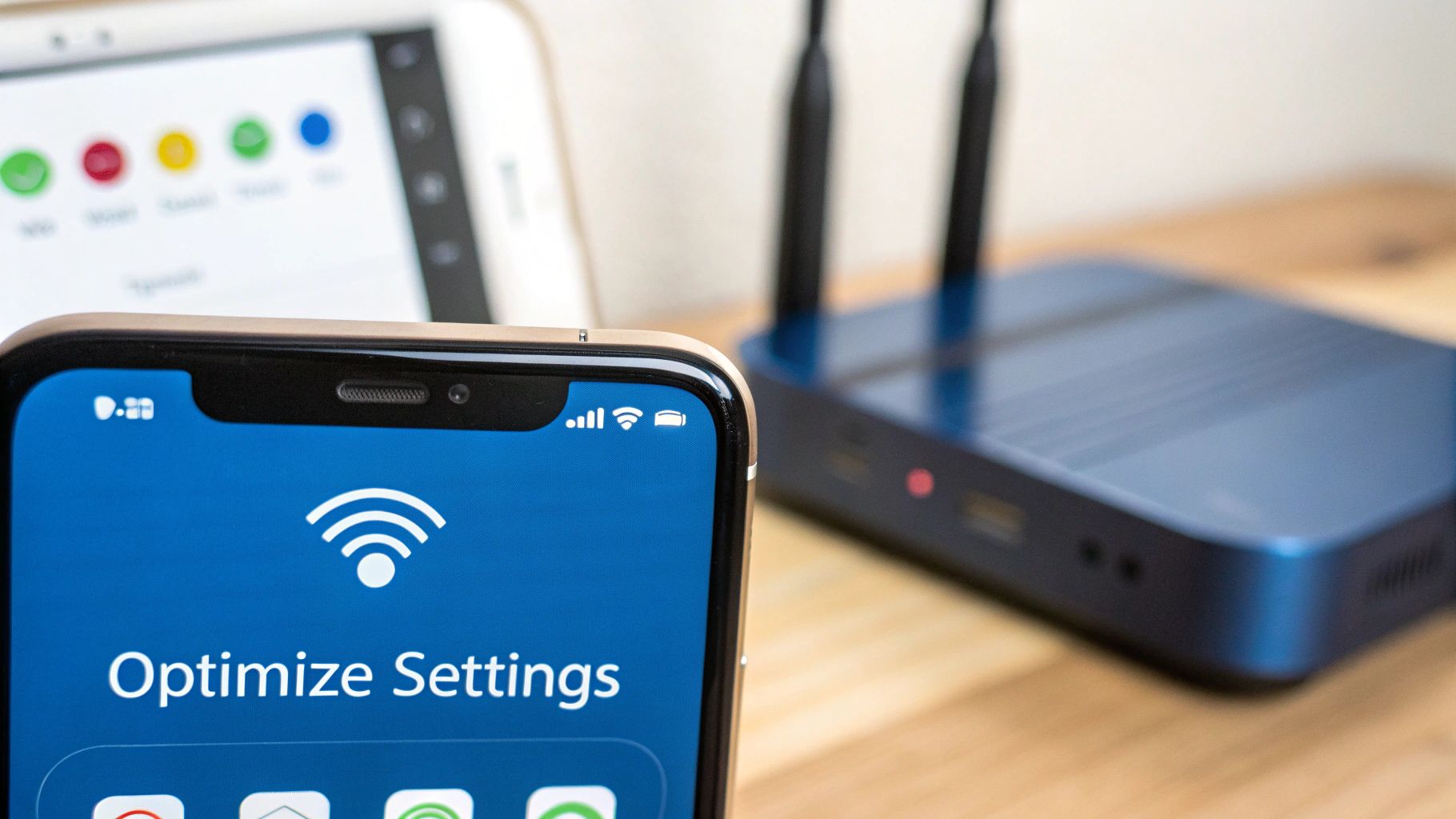 iPhone displaying WiFi optimization settings screen with wireless router on desk for VoIP configuration