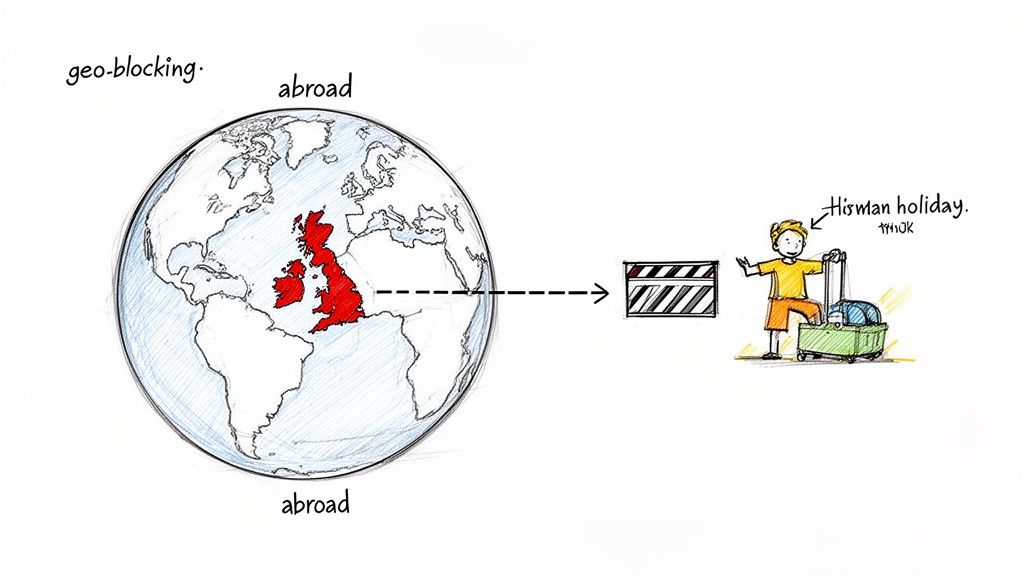 Illustration of geo-blocking preventing a person abroad from accessing UK-based 'Hisman holiday' content.