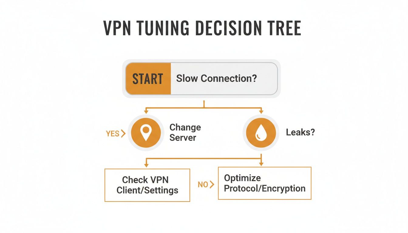 A VPN tuning decision tree flowchart for troubleshooting slow connections and leaks.
