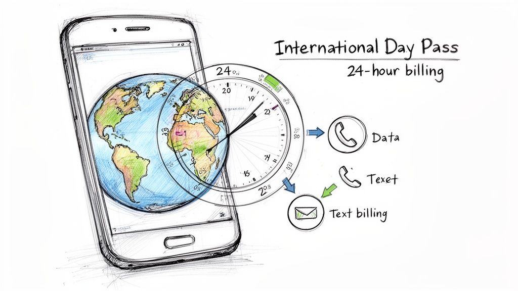 A smartphone showing a globe and 24-hour clock, illustrating international day pass for data, calls, and text billing.