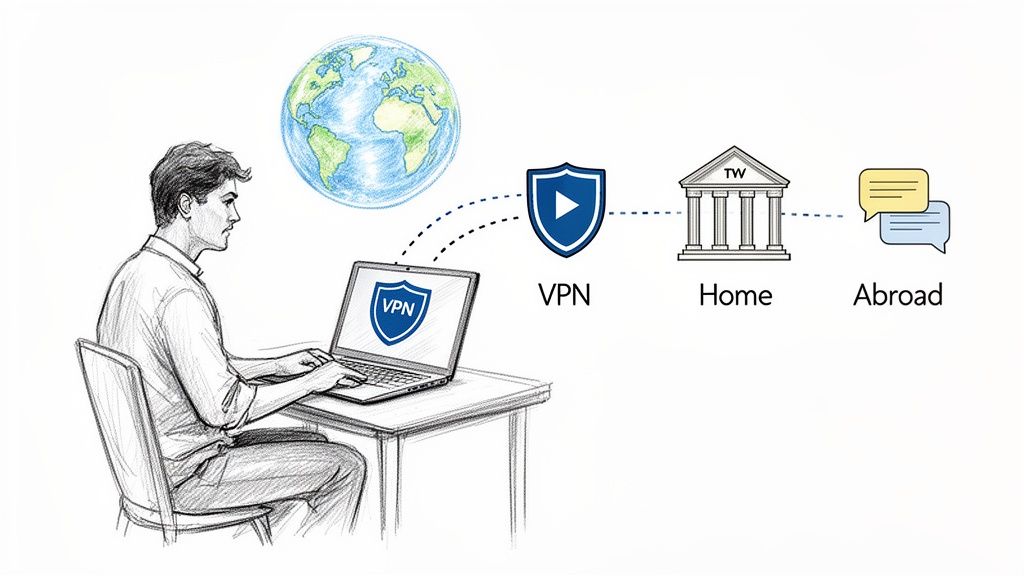 An illustration of a person using a VPN to securely connect to home services from anywhere globally.