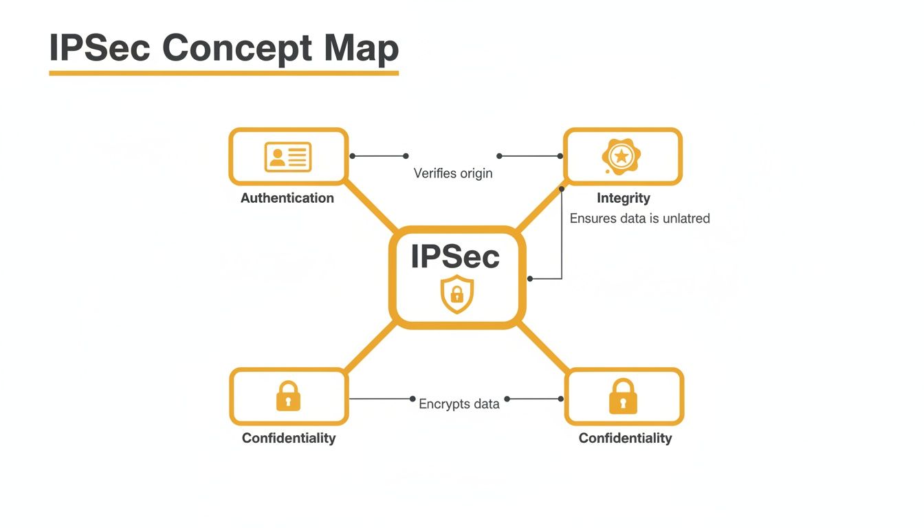 IPSec concept map illustrating authentication, integrity, and confidentiality with descriptive icons and connections.