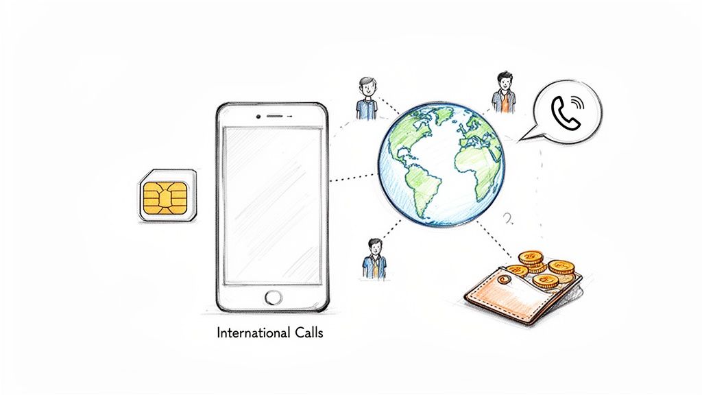 A sketch shows a SIM card, smartphone, globe, people, call icon, and wallet with money, illustrating international calling costs.