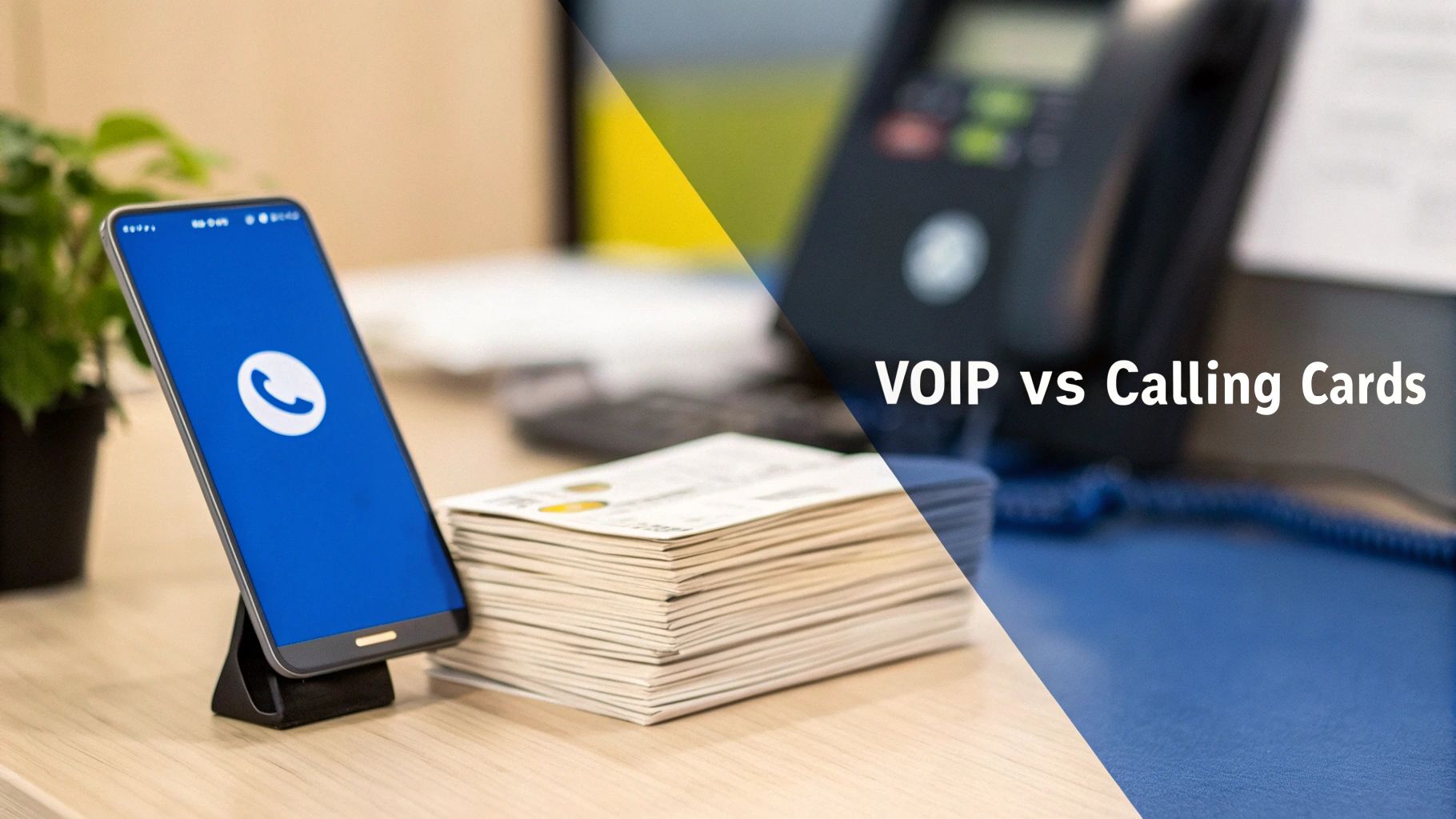 Un smartphone avec une icône d'appel et une pile de cartes contrastant avec un téléphone de bureau, affichant 'VOIP vs Calling Cards'.