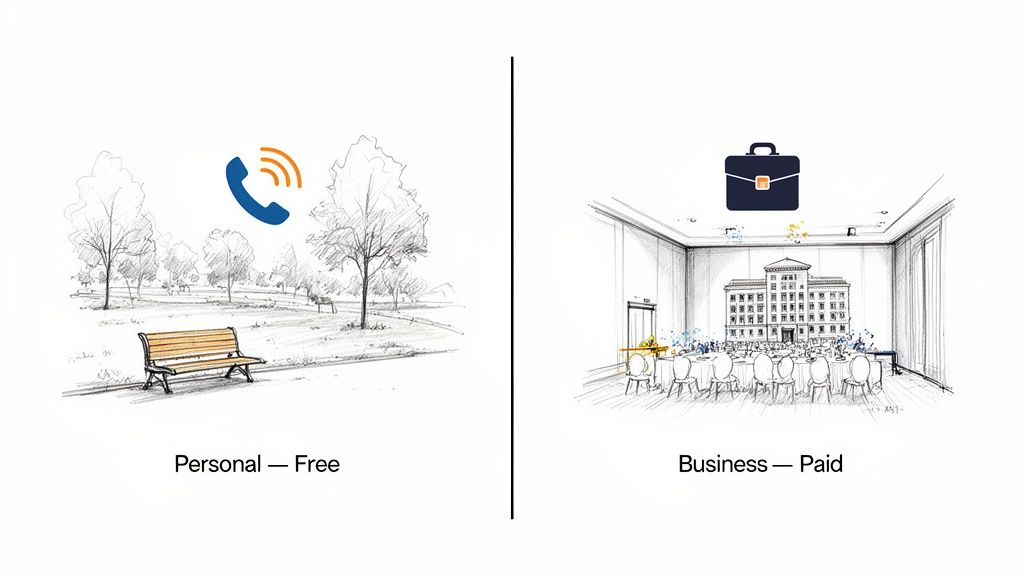 Illustration comparing free personal phone calls in a park to paid business services in a conference room.