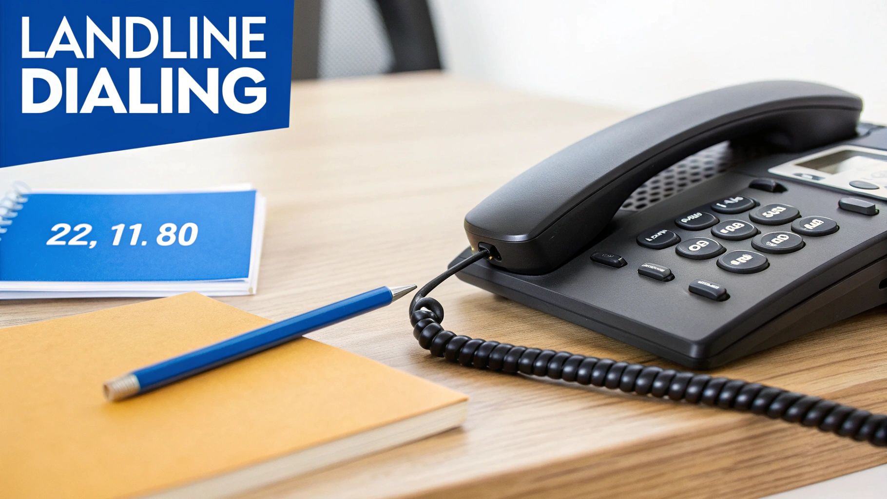 Black landline telephone on wooden desk with notepad showing international dialing codes for calling