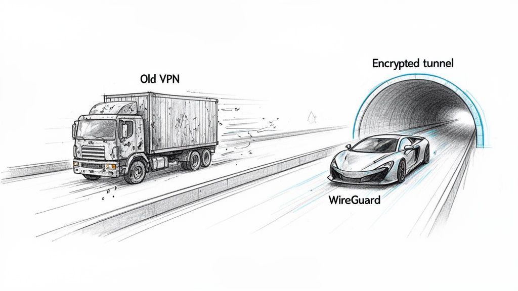 An illustration comparing a slow 'Old VPN' truck with a fast 'WireGuard' sports car entering an 'Encrypted tunnel'.