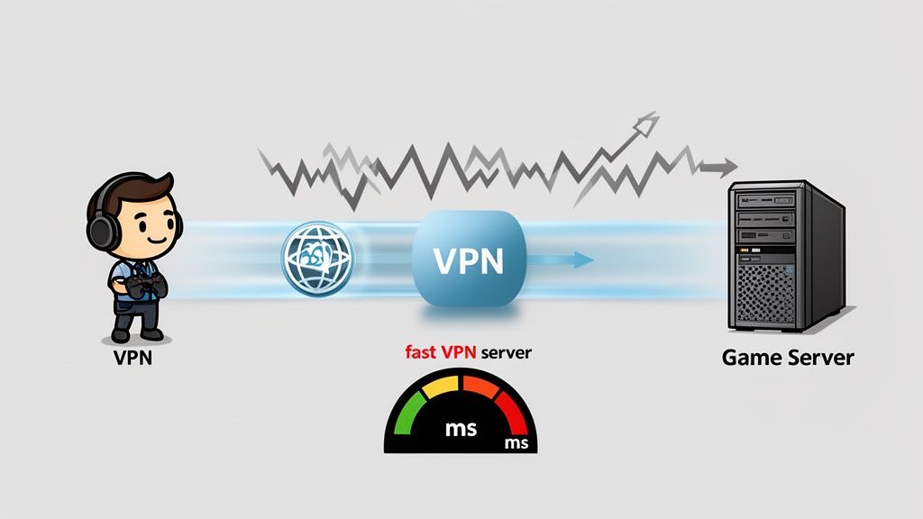 A gamer uses a fast VPN server to connect to a game server, showing improved ping.