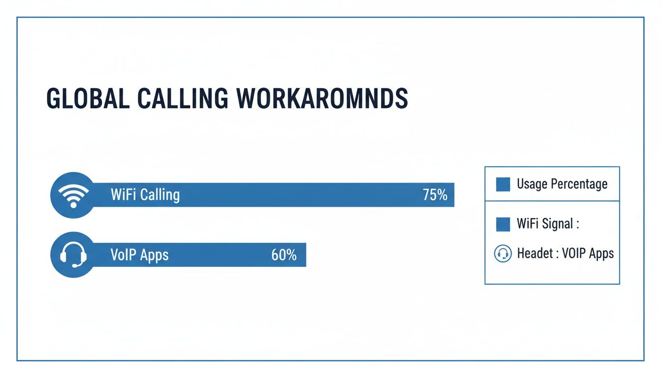 Bar chart illustrating global calling workarounds usage: 75% for WiFi Calling and 60% for VoIP Apps.