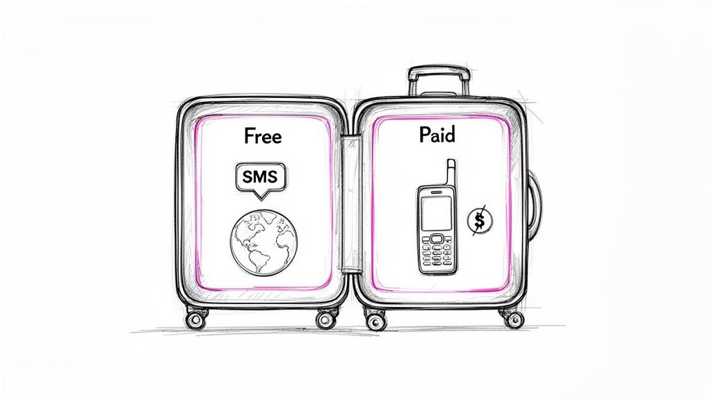 An open suitcase contrasting global free SMS communication with paid mobile phone services.