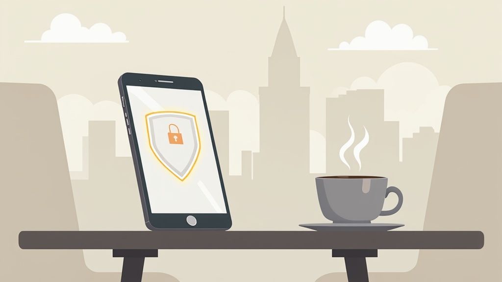 شخص يستخدم هاتف Android بأمان مع تفعيل VPN، يرمز لذلك أيقونة قفل فوق الشاشة.