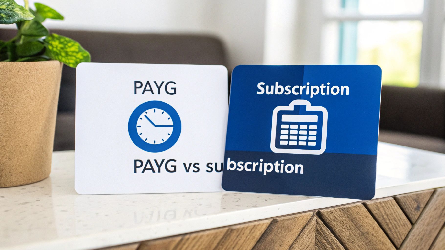 Person vergleicht zwei Optionen auf einem Smartphone, symbolisiert die Wahl zwischen PAYG und Abonnements.