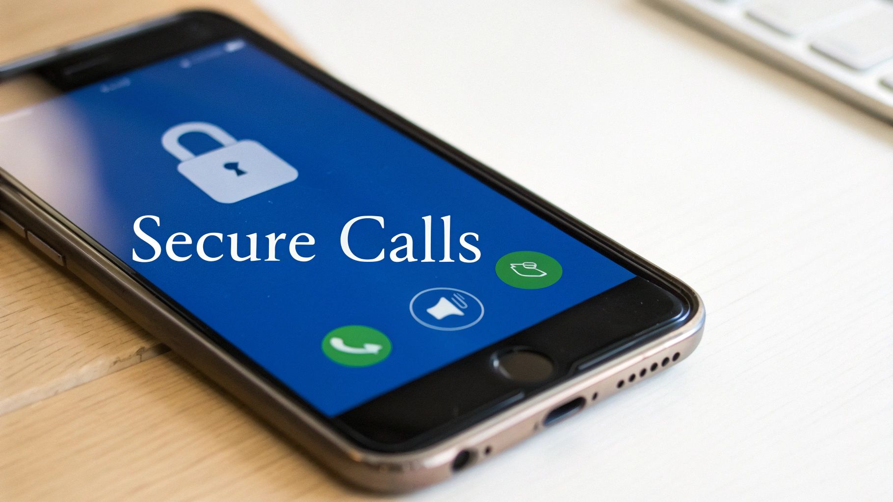 A smartphone displaying 'Secure Calls' with a padlock icon, suggesting encrypted communication.