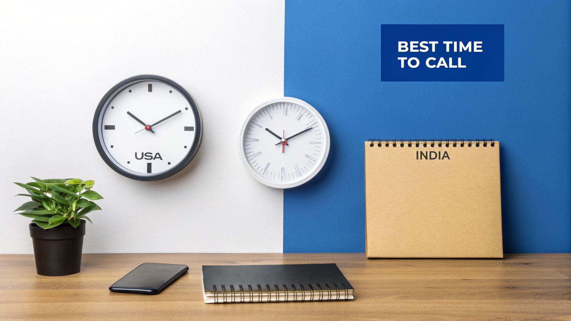 Two clocks showing different time zones for USA and India, with a 'Best Time To Call' sign.