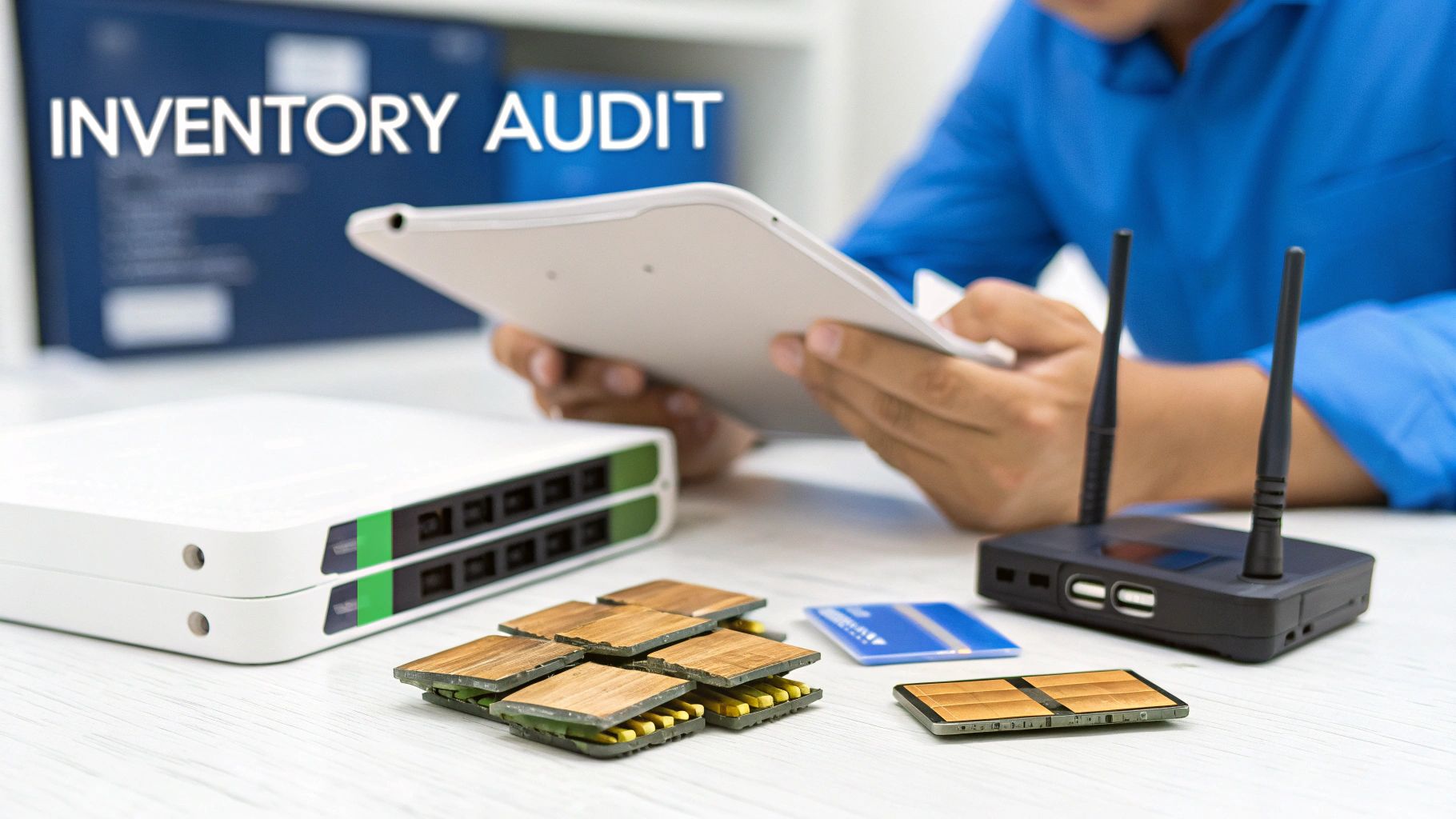 Personne réalise un audit d'inventaire avec une tablette, entourée de switchs réseau, d'un routeur et de composants électroniques.