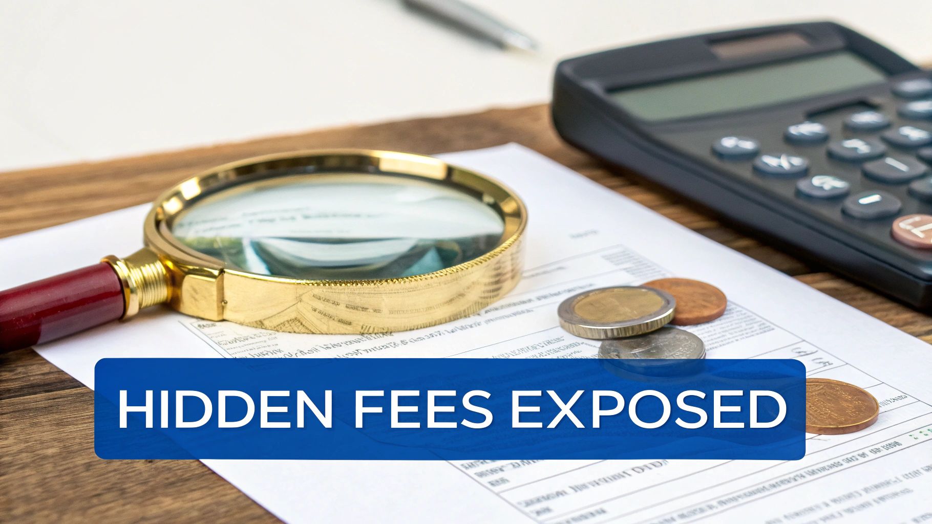 Loupe sur un document financier avec des pièces, une calculatrice et une bannière 'Frais cachés dévoilés'.