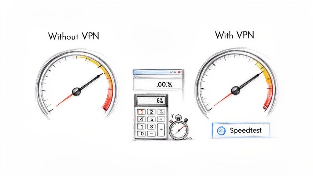 Illustration comparing internet speed without VPN (faster) versus with VPN (slower), showing performance difference.