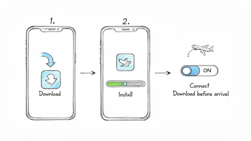 Diagram showing a mobile app download and installation process, then a 'Connect Download before arrival' toggle for travel.