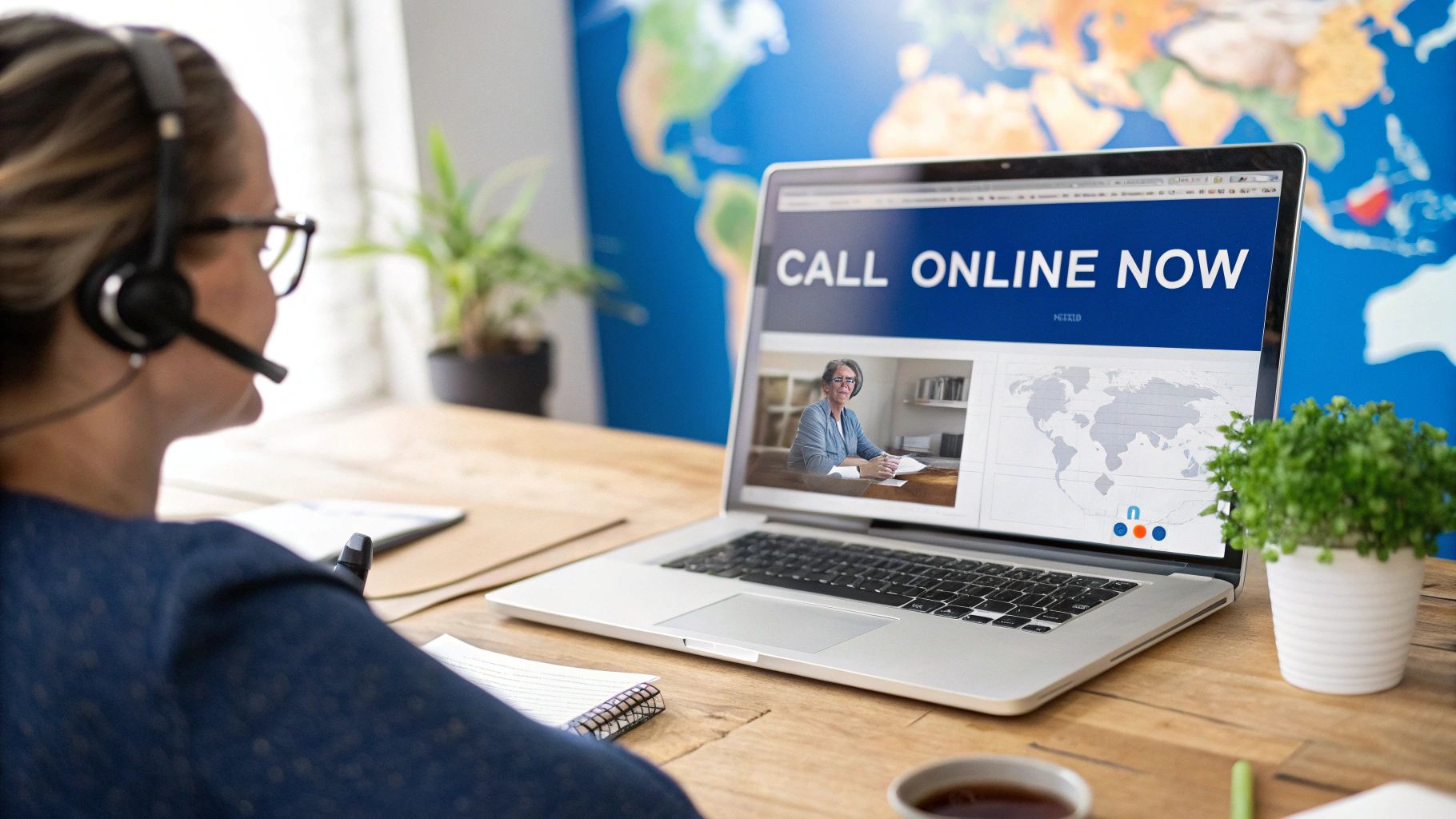 Eine Person mit Headset führt einen Online-Anruf auf einem Laptop mit einer Weltkarte im Hintergrund.