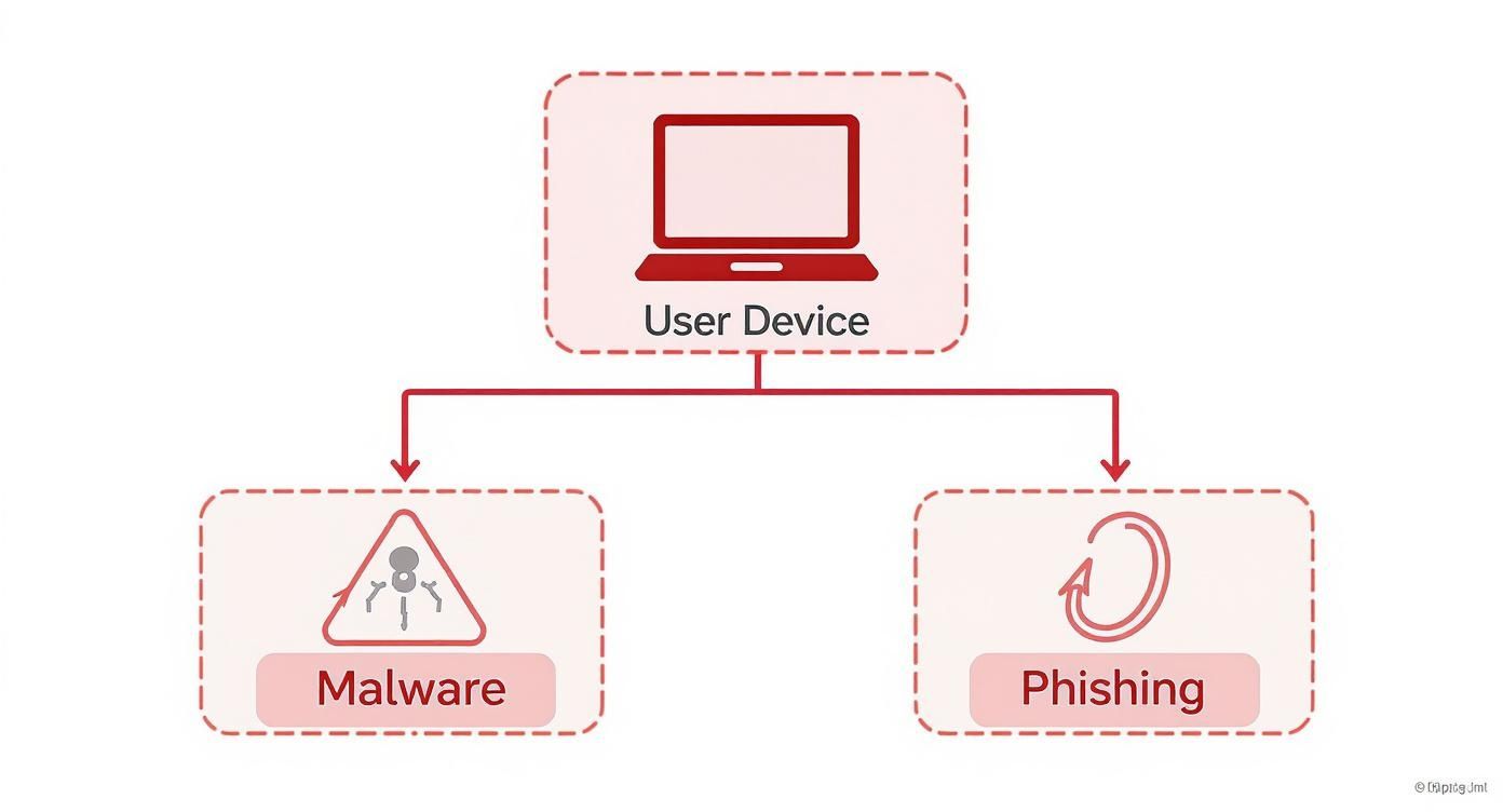 A diagram illustrating a user device facing common cyber security threats like malware and phishing.