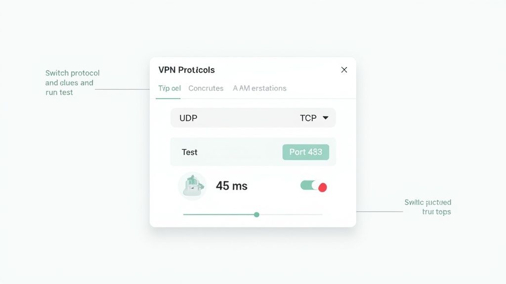 A user interface displaying VPN protocol settings, including UDP, TCP options, port 433, and a 45ms latency test result.
