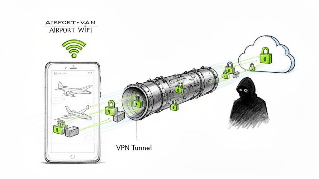 A smartphone uses a VPN tunnel to secure data over airport Wi-Fi, protecting it from a hacker.