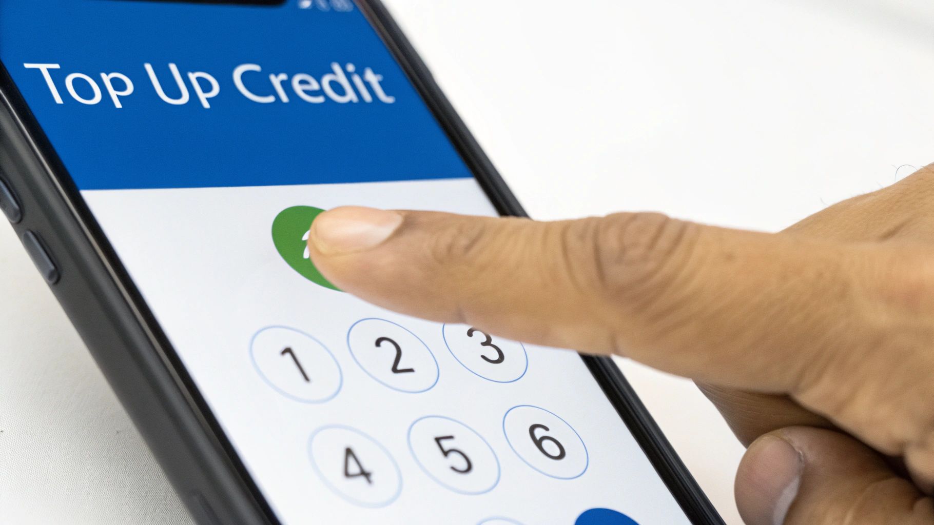 Un doigt sélectionne '1' sur l'écran d'un mobile pour recharger du crédit.