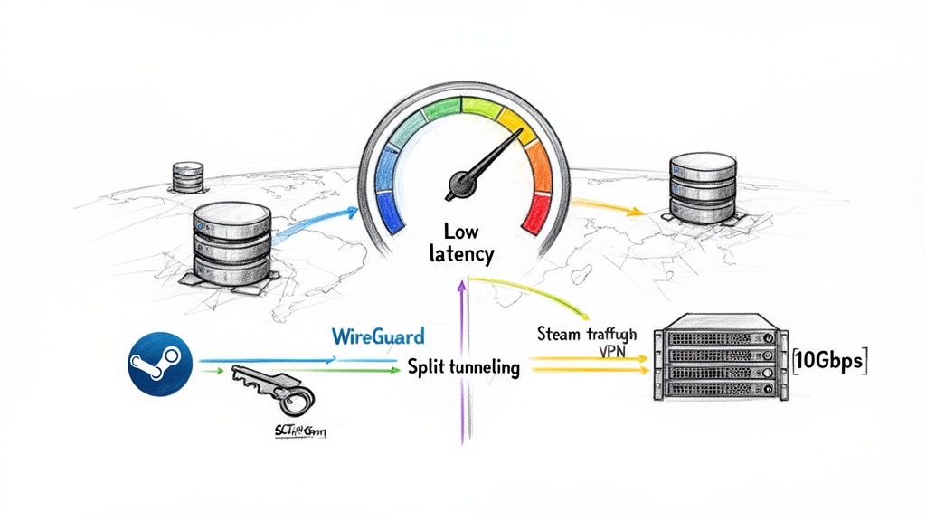 A network diagram showing Steam traffic, WireGuard, and split tunneling achieving low latency with a 10Gbps VPN.