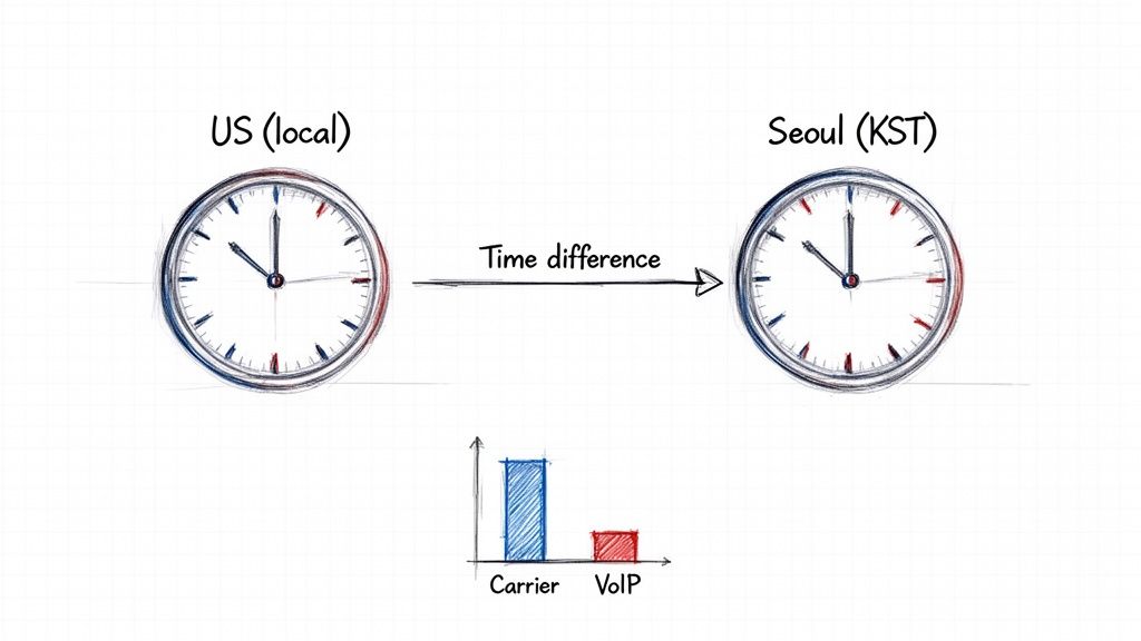 Uhren zeigen den Zeitunterschied zwischen den USA und Seoul; Balkendiagramm vergleicht Carrier- und VoIP-Anrufmethoden.