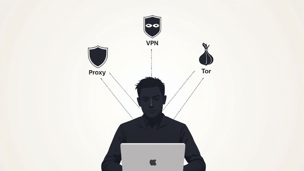 Eine Person mit Laptop und Schildsymbol, das VPN-Schutz symbolisiert.